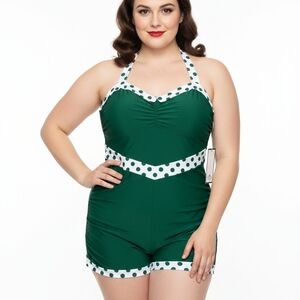 RETRO STAGE Elegant Green Polka Dot One-Piece Swimsuit Size XL.